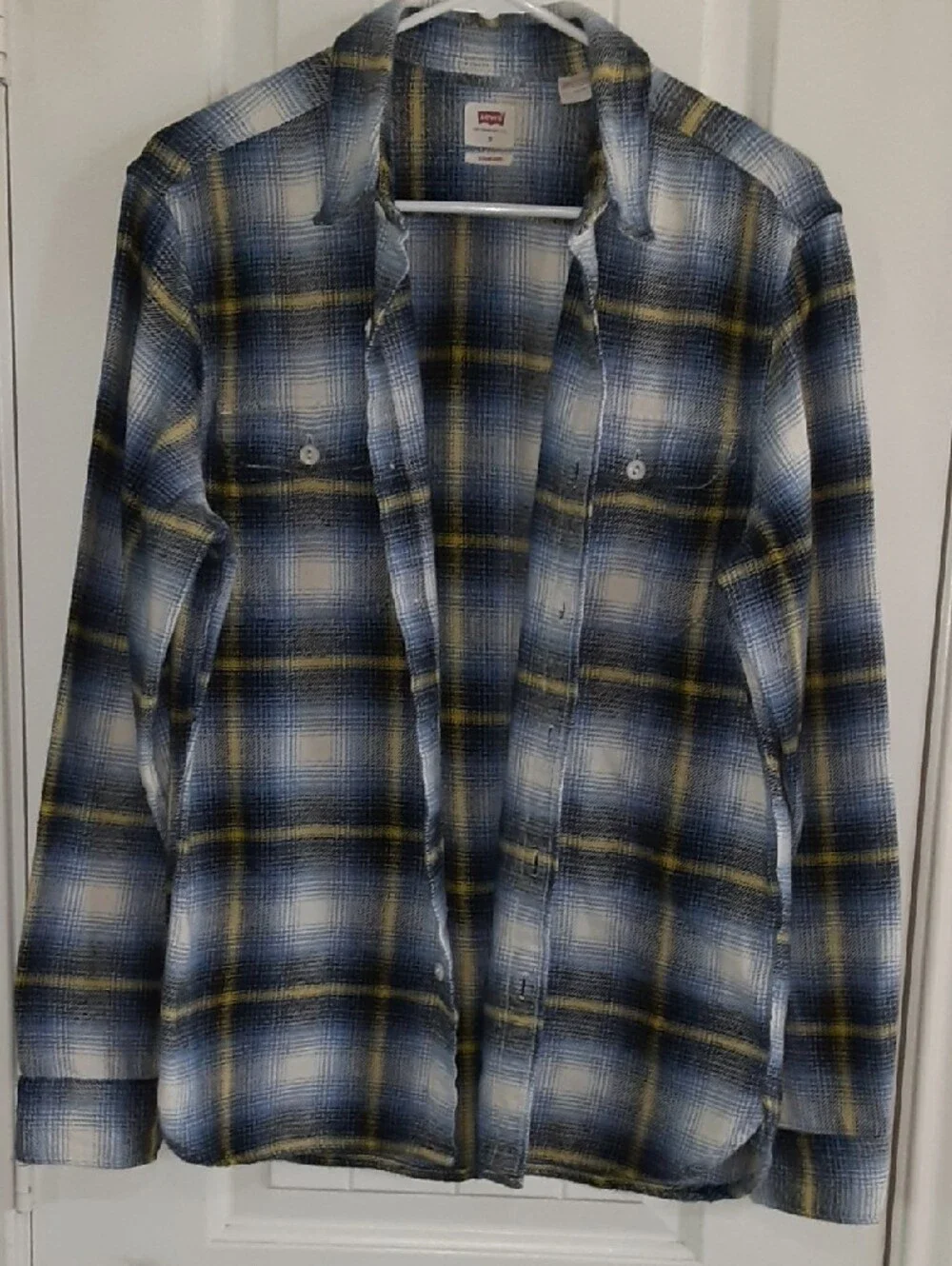 Levi's Jackson Worker Flannel Overshirt Shacket Plaid Blue Yellow Small Flaw